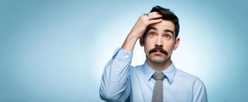 The man expressing confusion while pondering a difficult decision in a corporate setting. photo