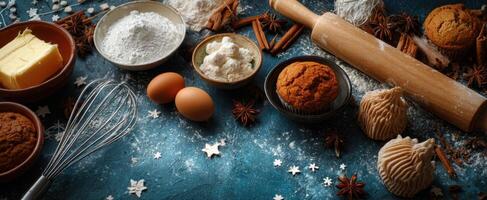 The delightful arrangement of baking ingredients on a rustic kitchen table. photo