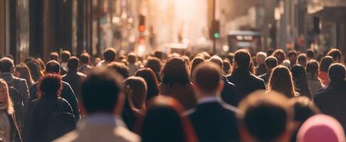 The bustling crowd walking through a vibrant city street at sunset. photo