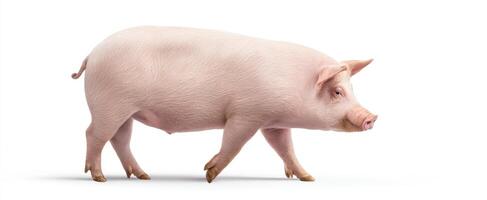 The charming pig walking gracefully across a white backdrop. photo