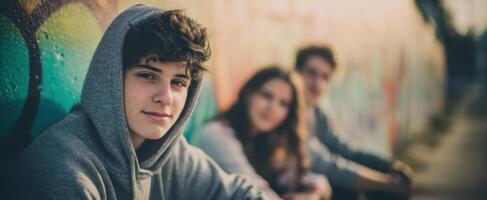 The young man in hoodie enjoying time with friends in an urban setting. photo