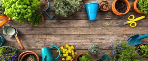 The colorful garden workspace with plants and gardening tools ready for cultivation. photo