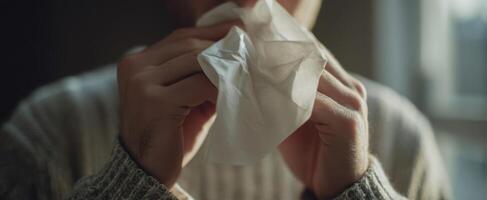 The man holding a tissue with a look of discomfort and emotion. photo