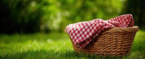 The charming picnic basket adorned with a checkered cloth on green grass. photo