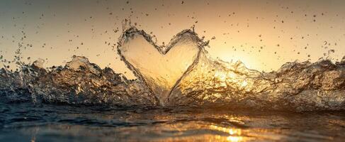 The Heart-Shaped Splash Illuminated by a Golden Sunset in the Ocean photo