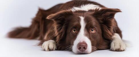 The adorable brown Border Collie resting beautifully on a white backdrop. photo