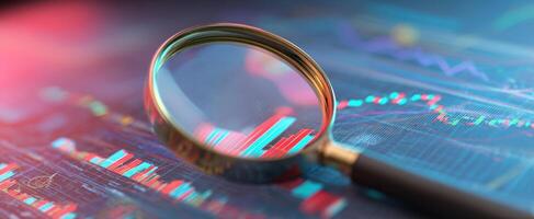 The magnifying glass highlighting financial data on a stock market chart. photo