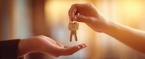 The moment keys are handed over in a home ownership exchange. photo