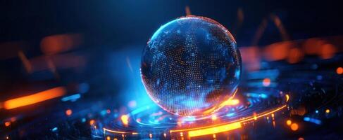 The holographic globe surrounded by futuristic digital elements and glowing lights. photo