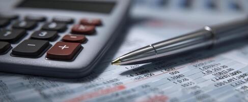 The calculator and pen on financial documents for precise budgeting and analysis. photo