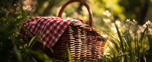 The picnic basket nestled in a sunlit meadow surrounded by lush greenery. photo
