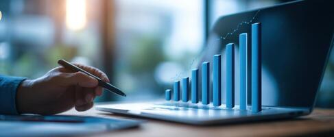 The laptop displaying a growth chart with business analytics concepts and data visualization. photo