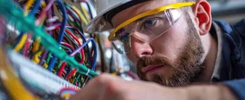 The technician working intently on complex electrical wiring systems in a safe environment. photo