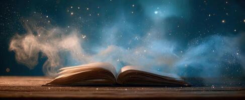The magical book releasing wisps of imagination into the universe photo