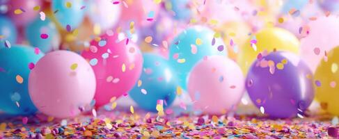The colorful balloons and confetti creating a festive celebration atmosphere. photo
