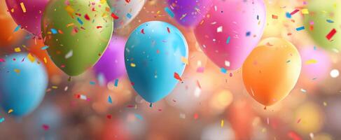 The colorful balloons floating joyfully amidst falling confetti at a celebration photo