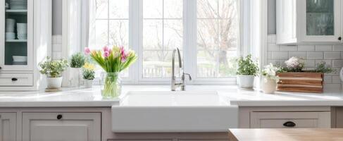 The Bright and Elegant Kitchen with Fresh Tulips and Natural Light. photo