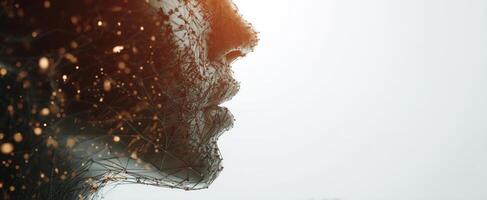 The digital silhouette of a human face with abstract wireframe design. photo