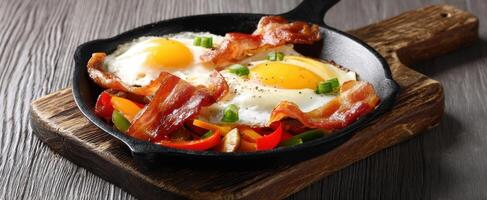 The sizzling skillet of eggs and bacon with vibrant vegetables for breakfast photo