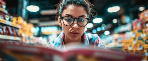 The woman reading a magazine in a grocery store aisle. photo