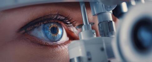 The close-up view of a human eye during an optical examination. photo