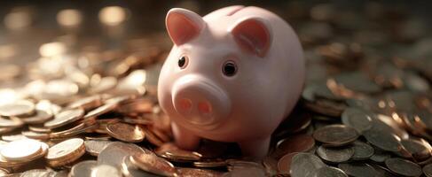 The piggy bank surrounded by shiny coins, symbolizing savings and wealth accumulation. photo