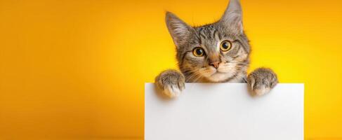 The adorable cat peeking over a blank sign against a cheerful yellow background. photo