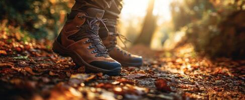 The hiking boots on a scenic trail covered with autumn leaves. photo