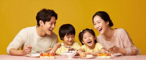 The joyful family enjoying a delicious dessert together in a bright setting. photo