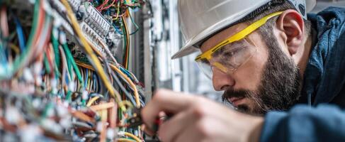The technician working meticulously on complex electrical wiring and connections. photo