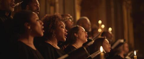 The choir performing a heartfelt song in a dimly lit venue with candles. photo