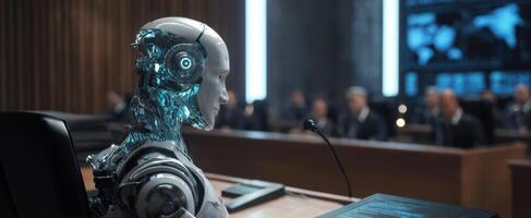 The advanced robot seated in a futuristic courtroom setting during a tense discussion. photo
