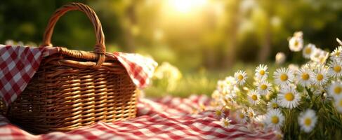 The picnic basket surrounded by daisies in a sunlit garden scene. photo