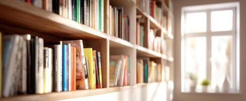 The inviting bookshelf filled with colorful books and natural light. photo