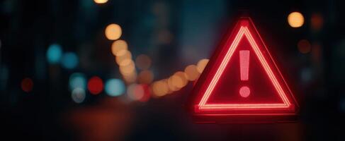 The Illuminated Red Warning Sign in an Urban Night Scene photo