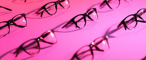 The elegant display of fashionable glasses on a vibrant pink background. photo