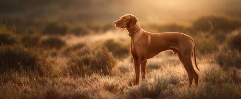The elegant dog standing majestically in a sunlit golden meadow. photo