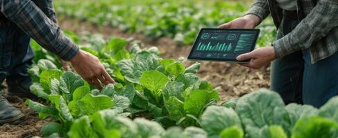 The farmer analyzes crop data using a tablet in a lush lettuce field. photo