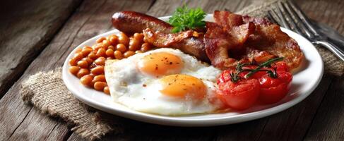 The hearty breakfast featuring eggs, sausages, and crispy bacon on a rustic plate. photo