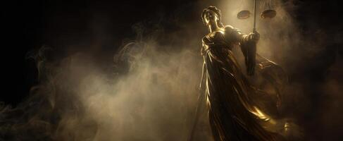 The Golden Lady Justice Statue Shrouded in Mystical Smoke photo
