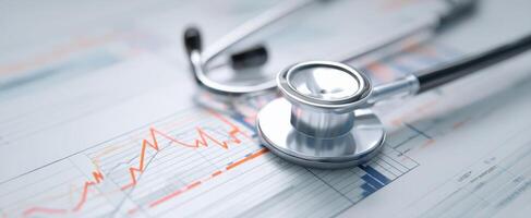 The stethoscope resting on medical charts and graphs for health analysis. photo