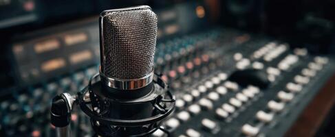 The microphone in a professional audio recording studio setting. photo