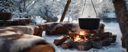 The cozy winter scene with a pot hanging over a crackling fire. photo