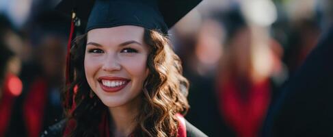 The happy graduate celebrating success with a bright smile at a commencement event. photo