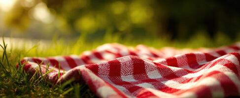 The checkered picnic blanket resting upon the lush green grass in sunlight. photo