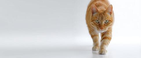 The orange cat walks gracefully across a clean, white surface. photo
