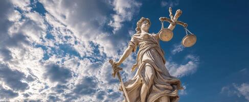 The Justice Statue Standing Tall Under Dramatic Clouds and Blue Sky photo