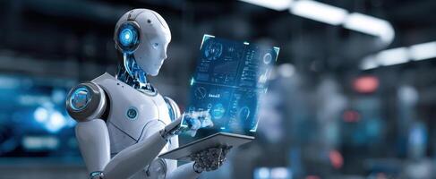 The advanced humanoid robot interacting with holographic data in a futuristic laboratory. photo