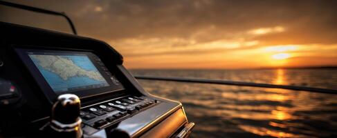 The Boat Dashboard Displaying Navigation During a Stunning Sunset Over Water photo