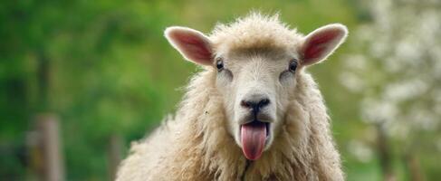 The adorable sheep sticking out its tongue in a grassy rural setting. photo